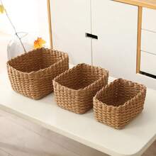 1pc/3pcs Woven White Storage Basket, Multipurpose Organizer Bin For Toys, Cosmetics, Foldable Storage Basket, Desktop Sundries Storage Box, Fabric Storage Container, Basket, Storage Basket, Car Accessories, Kitchen, Bathroom Organizer, Kitchen Accessories, Room Decor, Home Decor, Geometric Woven Boho Baskets, Wood Rattan Plant Pot Holders, Natural Mix Rope Decor For Coastal Vibes Outdoor Spaces - Camel - View 3