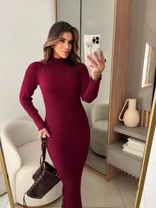 RIBBED DRESS WITH ELEGANT SLEEVES HIGH QUALITY MODAL AUTUMN AND WINTER - Redwood - View 4