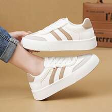 女士户外运动休闲鞋，当季小白鞋，女士新款校鞋，软底工作鞋，百搭滑板鞋，平底鞋 - 白卡其色 - 查看 5