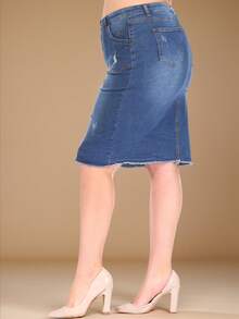 Women Plus Stretch Denim Distressed Pencil Skirt  Plain - Rửa chàm - Xem 3
