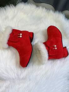 1 Paio Di Stivaletti Alla Caviglia Carini Per Bambini, Morbidi, Caldi, Di Moda, Con Chiusura Laterale A Zip Comoda, Con Bordo In Pelliccia, Decorazioni Finte Di Perle E Fiocchi, Fodera Termica Confortevole, Adatti Per Ragazze Per Uso Interno/Esterno, Festival, Matrimoni, Feste In Inverno - Rosso - Visualizzare 6