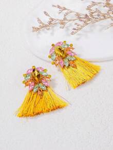1 Pair Glass Crystal Tassel Earrings, Luxurious Jewelry Vacation Style Earrings For Women - Yellow - View 2