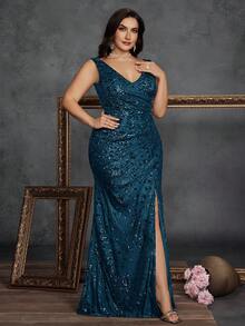 Elisanya Plus Size Elegant High-Quality Stretch Beaded Fitted Luxurious Personalized V-Neck Slit Long Dress, Formal For Wedding, Banquet, Party, Prom, Mother Of The Bride Formal Gown (Heavy Bead Embellished)