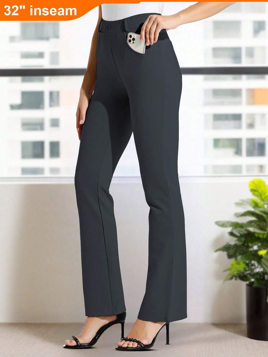ZUTY 32'' Women's Bootcut Yoga Dress Pants Stretch Lightweight Work Office Flare Leggings Wide Leg With Belt Loops 4 Pockets - 32''鐵灰色* - 查看 1