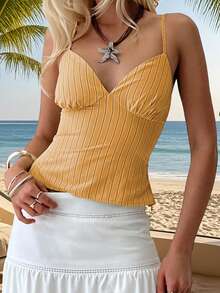 Women's Summer Cami Tops Sleeveless Deep V Neckline Stripes Print Camisole Tank Tops - Yellow - View 3