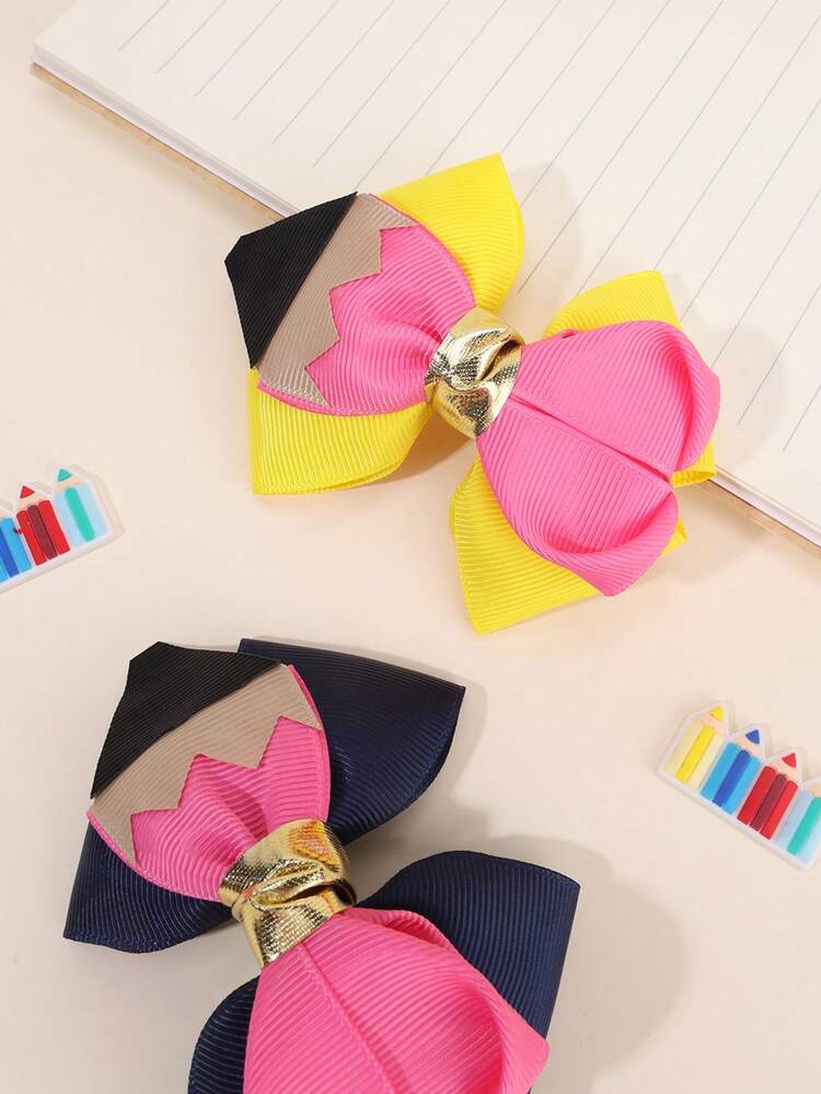 4pcs Back To School Hair Bows For Girls Pencil Bow Alligator Clips Pink Pencil Shaped Hair Clips First Day Of School Barrettes Cute Sweet Hairpin New Semester Gift Hair Clips Kids Hair Accessories - Multicolor - View 6