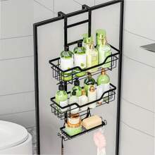 1 Pieza Estantería colgante para ducha con 2 portajabones, estantería colgante de 3 niveles con 4 ganchos para navaja/esponja, estantería para ducha sobre la puerta sin taladrar para interior, organizador de ducha anti óxido, estantería de almacenamiento para baño, accesorios de baño negros