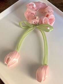 1个时尚优雅仿珍珠花朵发圈，弹力发绳，女士马尾辫发圈，发饰，发绳发圈，头饰橡皮筋 - 粉紅鬱金香 - 查看 4