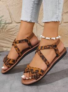 Women's Leopard Print Thick-Sole Super Lightweight Sandals, Elastic Band, Outdoor Casual Crossover Fashionable Cute Thick-Sole Sandals