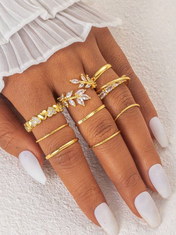 1/6/9 Sets Stylish Charm Simple Copper Electroplated 18K Gold Zirconia Stone Heart, Leaf, Criss-Cross Geometric Ring Set, Stackable Midi Rings, Knuckle Rings, Daily Wear Jewelry, Gift For Friends