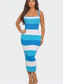 Multi Stripe Stretchy Knit Midi Dress  Colorblock  Striped    Casual  Elegant    Rib-Knit    Beach - Màu xanh lam - Xem 6
