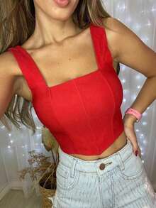 Women's Cropped Top, Straight Neckline, V-Neck, Wide Straps - Red and White - View 2