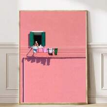 1pc On The Pink - Walled Windowsill, Clothes Are Hung, And Someone Stands. Prints Canvas Painting "Scene Of Clothes Hung On Pink - Walled Windowsill" Decor For Bedroom ,Living Room ,Office Room ,Wall Decor