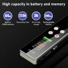 جهاز تسجيل صوتي رقمي سعة 64 جيجابايت قابل للشحن بالمنفذ USB مناسب لتسجيل المحاضرات والمؤتمرات والمقابلات ، مسجل صوتي صغير، MP3
