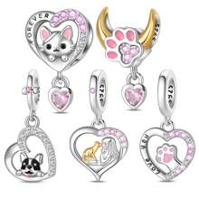 1 pièce Pendentif d'amour pour femmes avec zirconium rose scintillant, motif patte d'animal de compagnie chat chien, lune et étoile, en argent sterling 925. Idéal pour le DIY de bracelet, collier, cadeau d'anniversaire. Parfait pour un port quotidien pour épouse et amies.