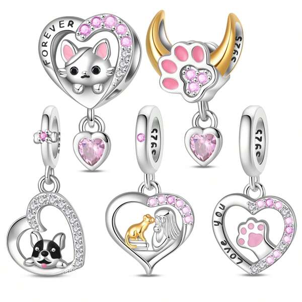 1 pièce Pendentif d'amour pour femmes avec zirconium rose scintillant, motif patte d'animal de compagnie chat chien, lune et étoile, en argent sterling 925. Idéal pour le DIY de bracelet, collier, cadeau d'anniversaire. Parfait pour un port quotidien pour épouse et amies.