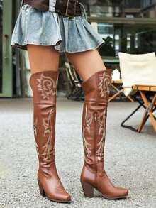 Women's Retro Embroider Thigh High Western Cowboy Boots Fashion Block Chunky High Heels Pointed Toe Vintage Cowgirl Boots Woman - 棕色A - 查看 4
