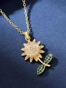 1 pieza Collar con dije de girasol dorado y cubic zirconia para madre e hija, flor tridimensional casual, regalo para mujer para fiestas, diario, viajes