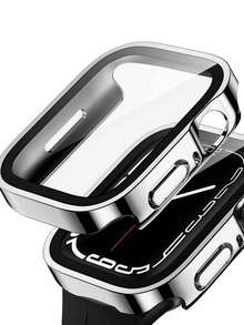 Un estuche protector de vidrio templado ultradelgado de plata, fashionable y resistente a los golpes, compatible con los casos de en tallas 38/40/41/42/44/45/46/49mm y compatible con Series Ultra/SE/10/9/8/7/6/5/4/3/2/1, accesorio de estuche para smartwatch.
