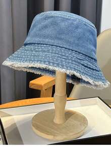 渔夫帽，春夏同款蝴蝶刺绣遮阳牛仔渔夫帽，磨边牛仔帽，纯色牛仔帽，牛仔帽，牛仔渔夫帽，韩版复古渐变色渔夫帽 - 牛仔蝴蝶結漁夫帽 - 查看 19