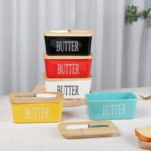 Ceramic Butter Dish, Rectangular Ceramic Butter Dish With Wooden Lid And Butter Knife, 500ml/600ml/850ml Simple Western Style Cheese Storage Box Ceramic Butter Holder - White - View 3