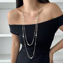 1pc French Fashion Faux Pearl Long Necklace, Women's Party Accessory, Elegant Jewelry