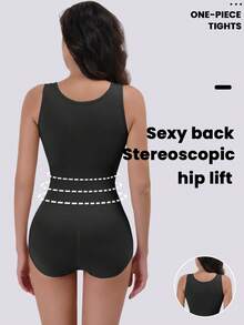 女士塑身连体衣 - 收腹、收腰、提臀，宽肩设计，黑色，配有可调节三排扣 - 黑色 - 查看 2