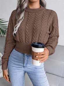 Women Cable Knit Round Neck Cinched Waist Long Sleeve Cropped Pullover Knitwear, Casual Autumn/Winter