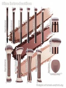 14pcs Makeup Brush And Sponge Set, Includes 12pcs Makeup Brushes With 4pcs Double-Headed Multi-Purpose Brushes, Made Of High-Quality Synthetic Fibers Covering Powder Brush, Foundation Brush, Blending Brush, Powder Brush, Blush Brush, Concealer Brush, And Eye Shadow Brush, Suitable For All Skin Types And Users. Also Includes 2pcs Makeup Sponges.,Brush Set,Makeup Brush Kit,Make Up Brush Set,Make Up Set Complete,Makeup Brush Set,Complete Makeup Kit,Brush Kit,Brushes Makeup Set,Makeup Gift Set,Set - Brown - View 4