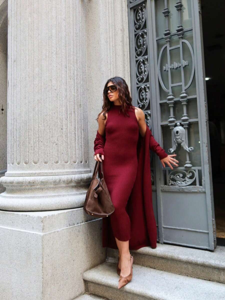 ANASTACIA MAXI CARDIGAN COAT SET + SLEEVELESS RIBBED DRESS IN HIGH QUALITY MODAL AUTUMN AND WINTER - Gỗ đỏ - Xem 1