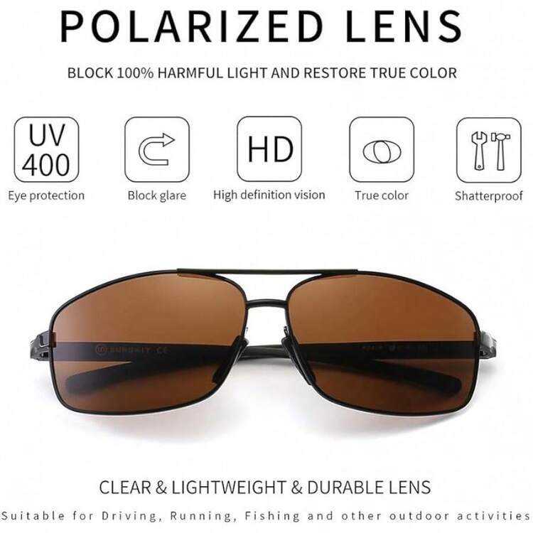 Gafas de sol polarizadas rectangulares ultraligeras protección - Lentes marrones/Montura negra 2025 - Añade 2