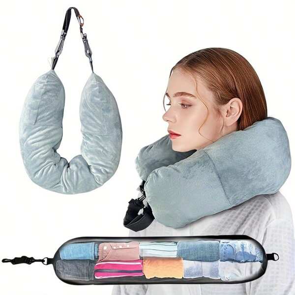 1pc Extra Soft Travel Neck Pillow, Large Adjustable Pillow With Long Zipper, Easy To Carry For Car, Airplane, With Storage Bag & Strap, Perfect For Travel
