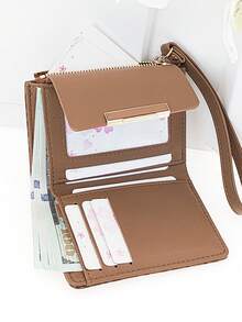 女士短款拼色钱包，时尚豹纹和木纹多功能卡包，别致按扣开合大容量拉链零钱包，适合年轻学生，节日便捷礼物 - 棕色 - 查看 7