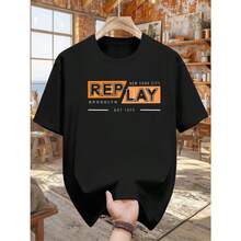 Men's 100% Cotton Short Sleeve T-Shirt - NYC Brooklyn Replay Graphic, Casual Crew Neck, Black With Orange & White Design, Lightweight & Breathable For Summer, Casual Wardrobe Staple | Stylish Casualwear | Machine Washable Shirt - màu đen - Xem 1