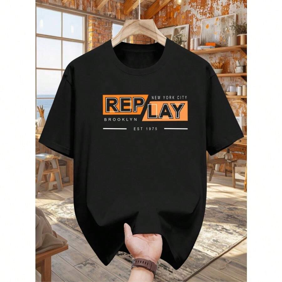 Men's 100% Cotton Short Sleeve T-Shirt - NYC Brooklyn Replay Graphic, Casual Crew Neck, Black With Orange & White Design, Lightweight & Breathable For Summer, Casual Wardrobe Staple | Stylish Casualwear | Machine Washable Shirt - màu đen - Xem 1