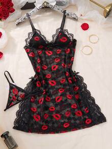 Women's Multi-Color Red Lip Lace Nightgown - Black - View 1