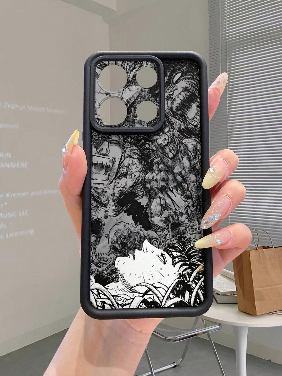 1 pieza Funda de teléfono resistente a los arañazos con patrón de vista de pájaro de personaje de dibujos animados de moda, compatible con Apple/Redmi/Infinix/VIVO, a prueba de agua, a prueba de golpes y anti-caídas, versión internacional, no la versión nacional - Negro - Ver 1