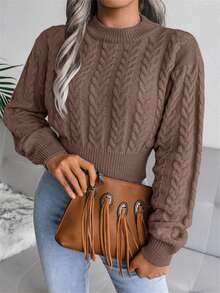 Women Cable Knit Round Neck Cinched Waist Long Sleeve Cropped Pullover Knitwear, Casual Autumn/Winter
