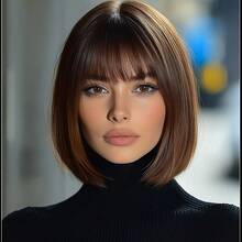 Classic Casual 12" Straight Brown Bob Wig, Synthetic Fibre, Easy Care, For Everyday Wear, Basic Style - 暗棕色 - 查看 1