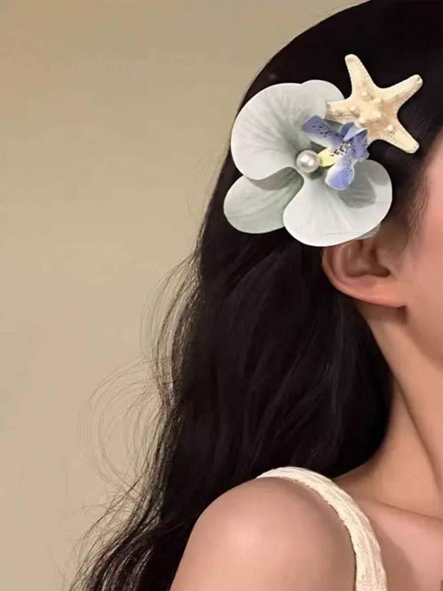 1个女士梦幻仿真花蝴蝶兰花海星鳄鱼夹刘海/侧边发夹，甜美优雅百搭发饰，适合夏季海滩度假拍照造型佩戴，爪夹发夹发卡
