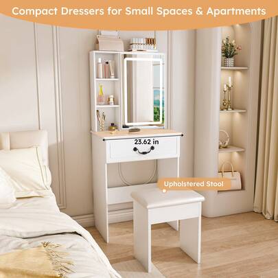 Modern Mini Dressing Table With LED-Lit Mirror & Hidden Storage,Includes Padded Stool,Adjustable Brightness Vanity Desk,Multi-Tier Dust-Proof Shelves,White