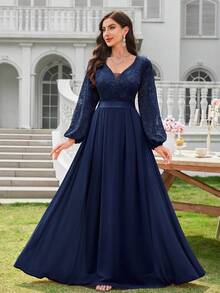 MIUSOL Elegant Floral Lace Deep V-Neck Lantern Sleeve Pleated Hem Evening Party Long Dress Wedding Spring - Navy Blue - View 11