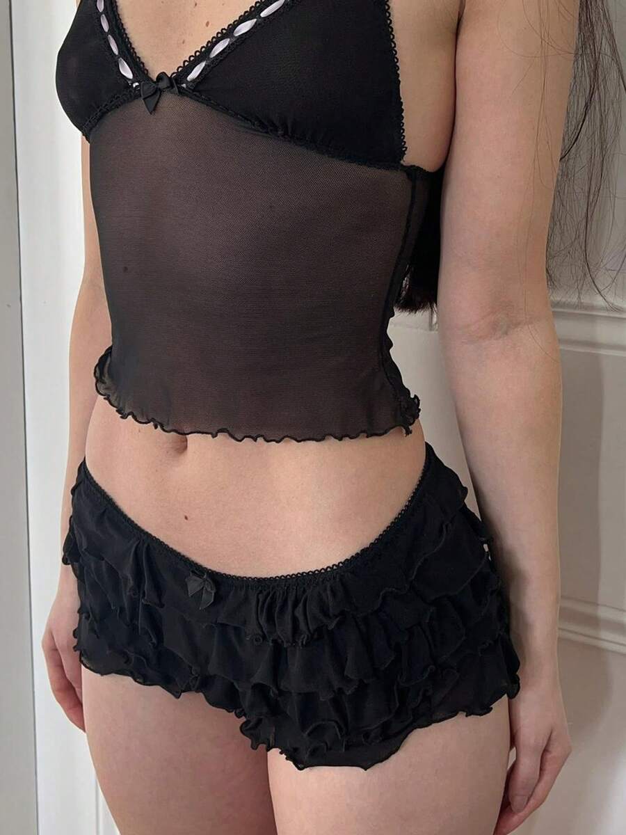 Pantalones bombachos de mujer con volantes en capas y lazo, de talle bajo, para usar debajo de vestidos y ropa de verano. - Negro - Ver 1