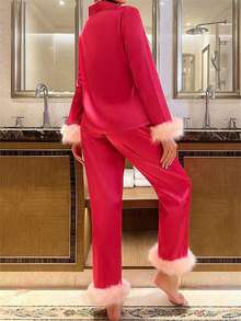 Conjunto de 2 piezas para mujer, con mangas largas, solapa, puños de felpa, camisa y pantalones, ropa de dormir - Rosa Fucsia - Ver 3