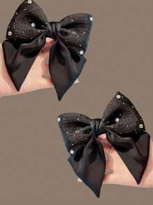 2pcs Women's Spring New Rhinestone Fabric Satin Bow Elegant Chic Fashion Snap Hair Clips, Simple Daily Hair Accessories [No Card Package], School Stuff, College