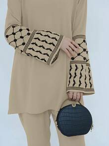 Women's Casual Suit, High Neck Batwing Sleeve Geometric Pattern Top Paired With Non-Stretch Pants, Elegant Embroidery Cuff Decor - Khaki - View 6