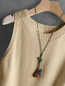 Women's Knitted Vest Casual French Vintage Artistic Solid Color Sleeveless Tank Top Vacation Versatile Daily Layering Short Length Spring Summer Outerwear Premium Feel Knit Top All Seasons - Khaki - View 6