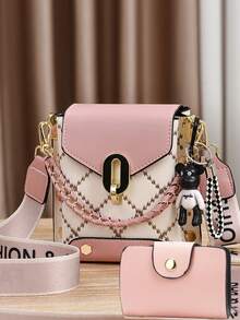 Stylish Women's Mini Crossbody Bag With Rivet Details, Multi-Layer Lightweight, Geometric Pattern, Black & White Design, Adjustable Shoulder Strap, Golden-Tone Hardware, Compact Square Bag For Everyday Use - Multicolor - View 8