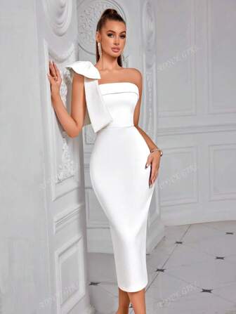 ADYCE One Shoulder Solid Color Bowknot Decor Strapless Slit Backless Midi Cocktail Party Prom Dress White Elegant Semi Formal Wedding Guest Dress, For Birthday,Dinner,Homecoming Summer Prom,Graduation Dress