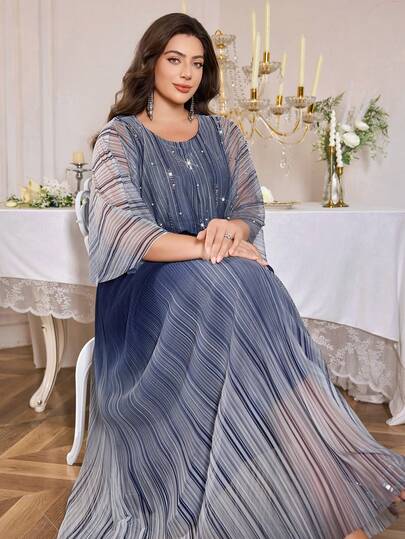 Plus Size Women Rhinestone & Bead Gradient Long Sleeve Elegant Fit & Flare Dress